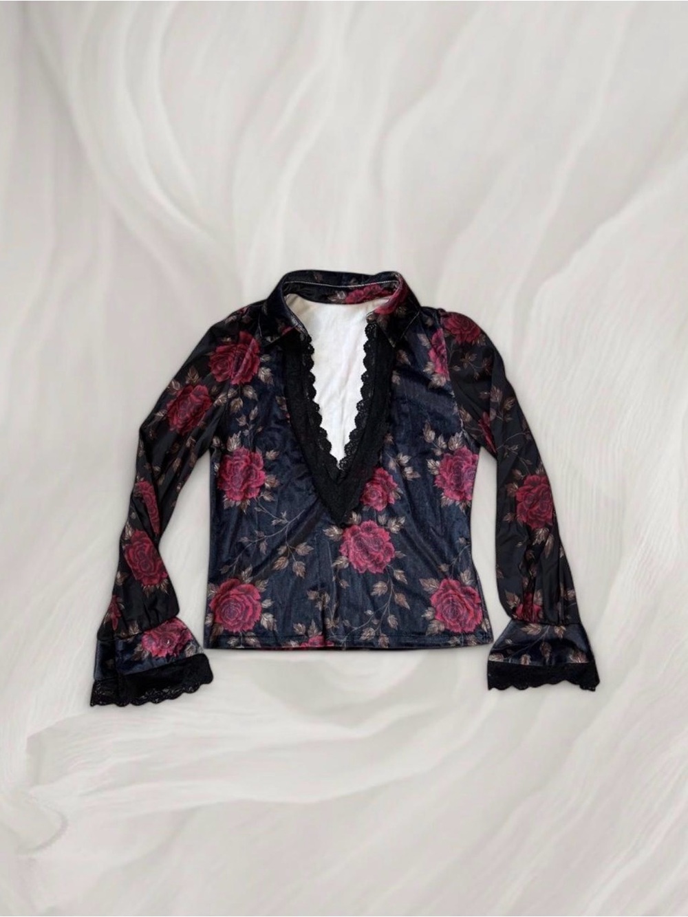 Lacy Velvet Whimsygoth Top Moody Floral V-Neck